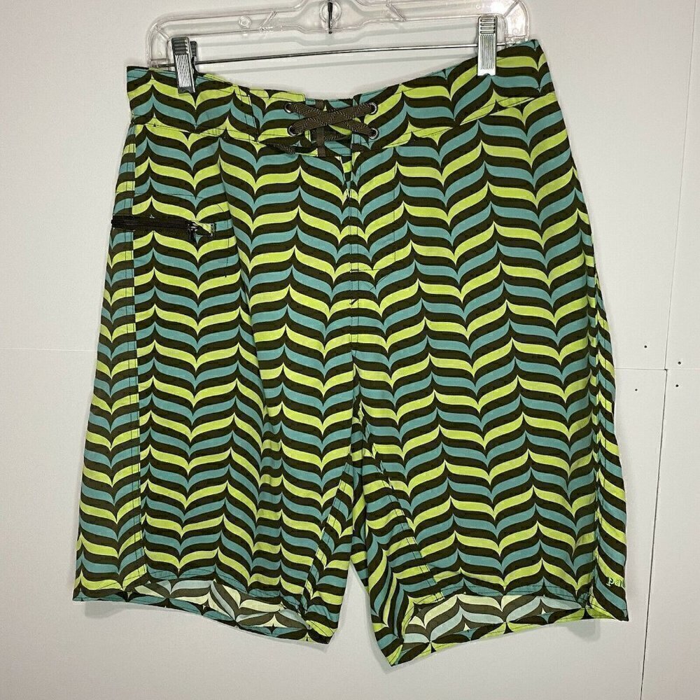 Patagonia Sz 30” Mens 10” Board Shorts Drawstring Brown Aqua Yellow Nylon